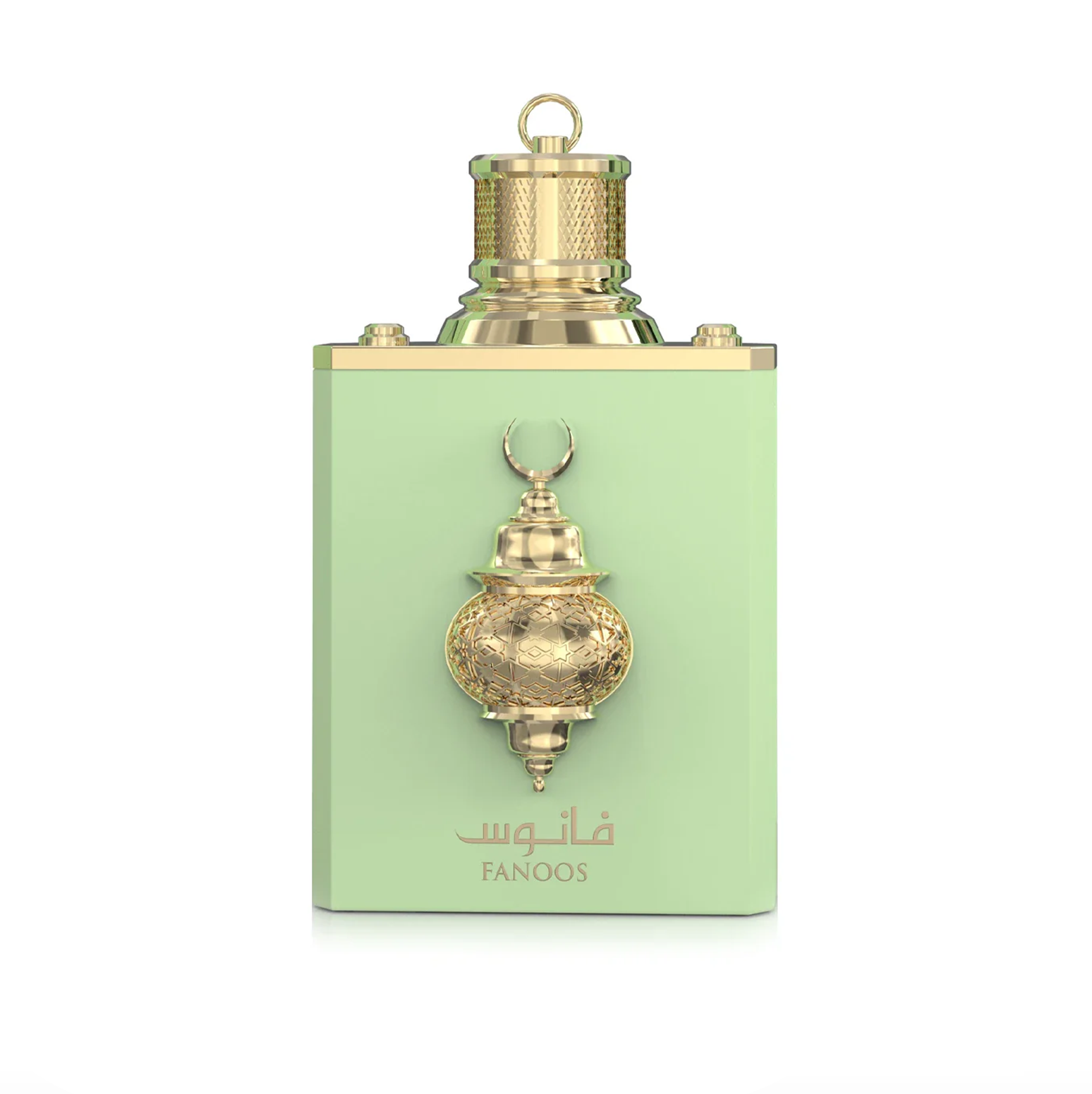 A clean studio shot of the light green 100ml bottle, highlighting its minimalist design and the intricate, gold-toned lantern centerpiece.