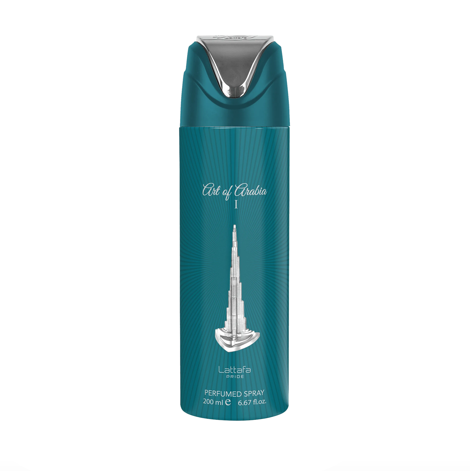 A professional product photograph of the Lattafa Pride Art Of Arabia 1 deodorant bottle (200ml), highlighting its sleek design and the premium, elegant branding of the Lattafa Pride collection against a clean, modern background.