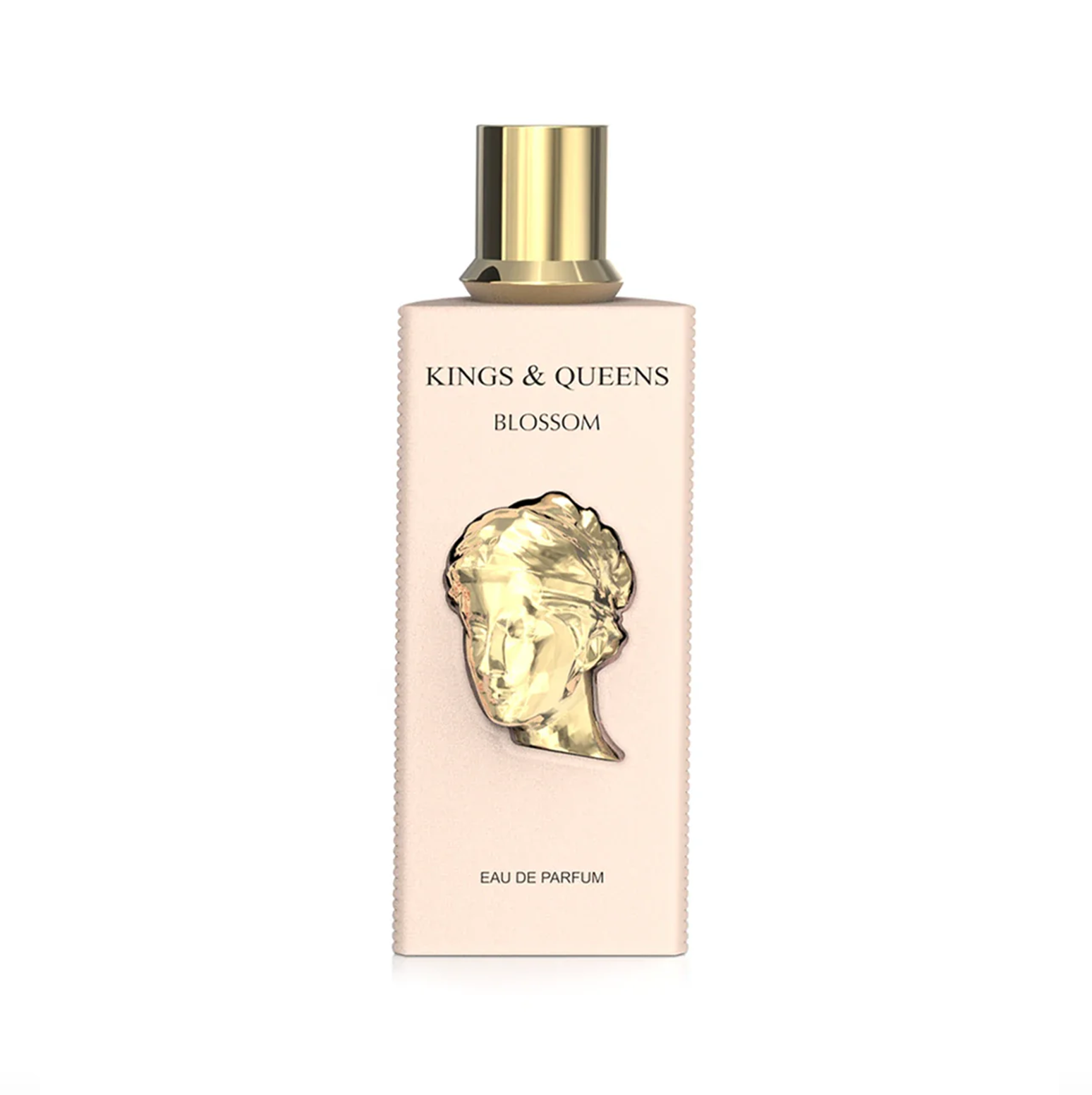 A studio shot of the Kings & Queens Blossom 100ml bottle, highlighting its soft-toned finish and the iconic gold-toned sculptural detail on the front.