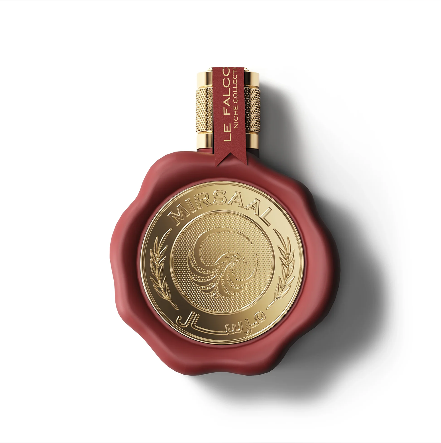 A studio shot of the Mirsaal Love Letter 100ml bottle, showcasing its unique wax-seal-inspired cap and intricate gold branding, emphasizing the craftsmanship of this luxury perfume.