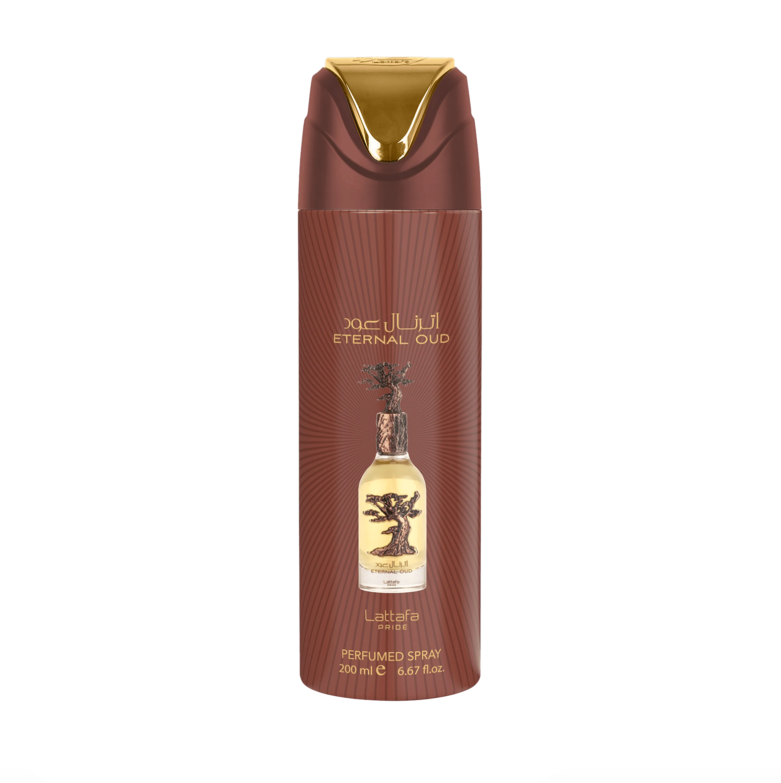 A professional product photograph of the Lattafa Pride Eternal Oud deodorant bottle (200ml), highlighting its sleek design and the premium branding of the Lattafa Pride collection against a clean, modern background.