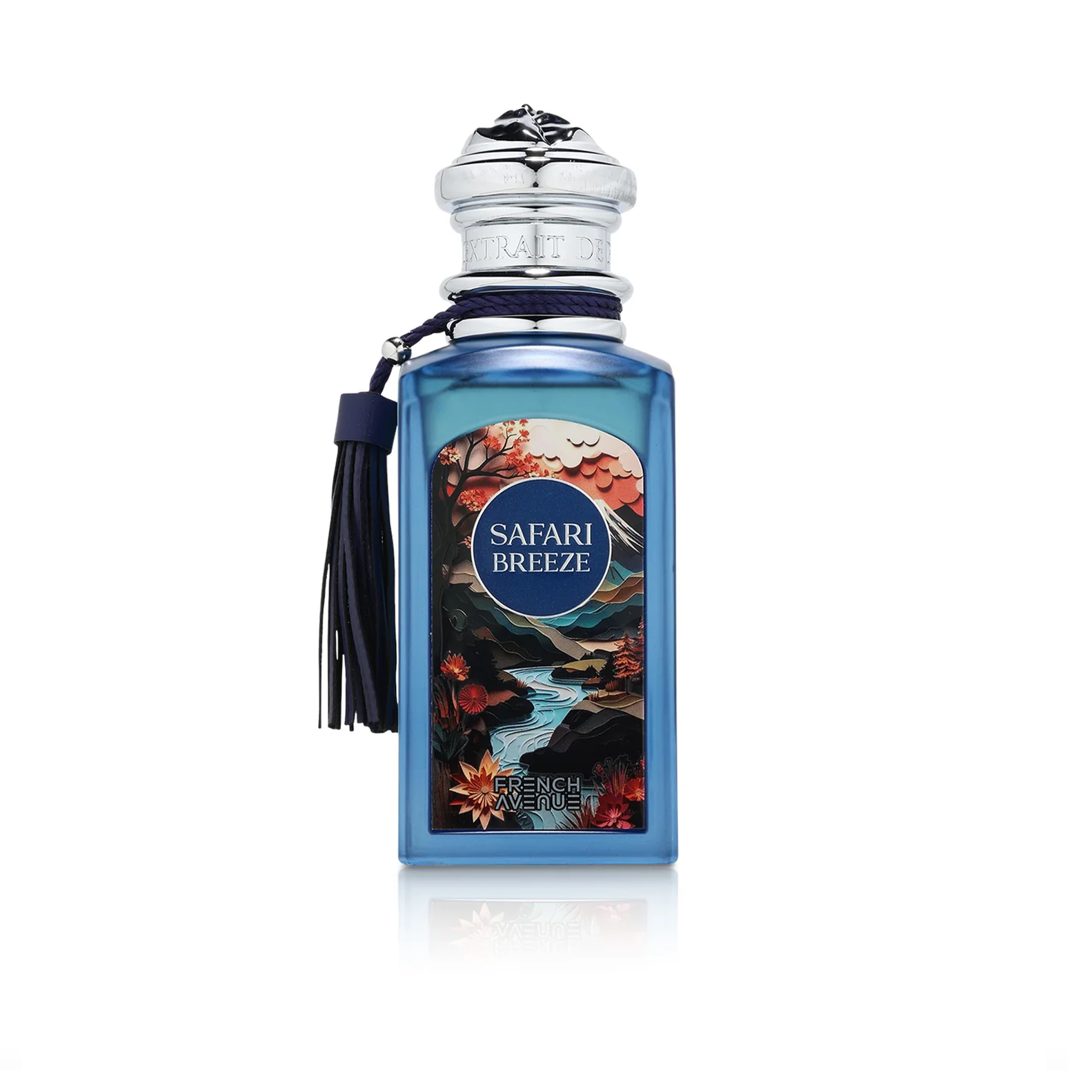A studio shot showcasing the bottle, featuring its deep blue hue, silver cap, and signature decorative tassel.