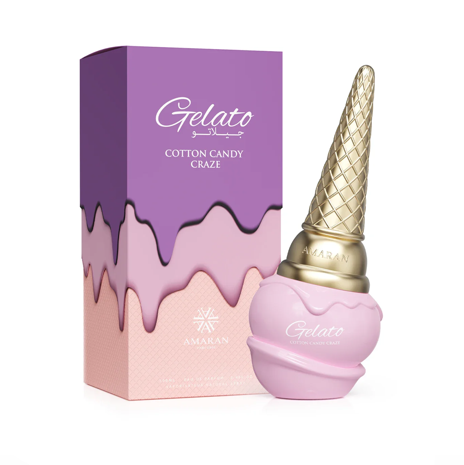 A professional product display showing the pink, ice-cream-cone-shaped 100ml bottle standing beside its matching, creatively themed packaging, which features a design resembling melting pink cotton candy ice cream.