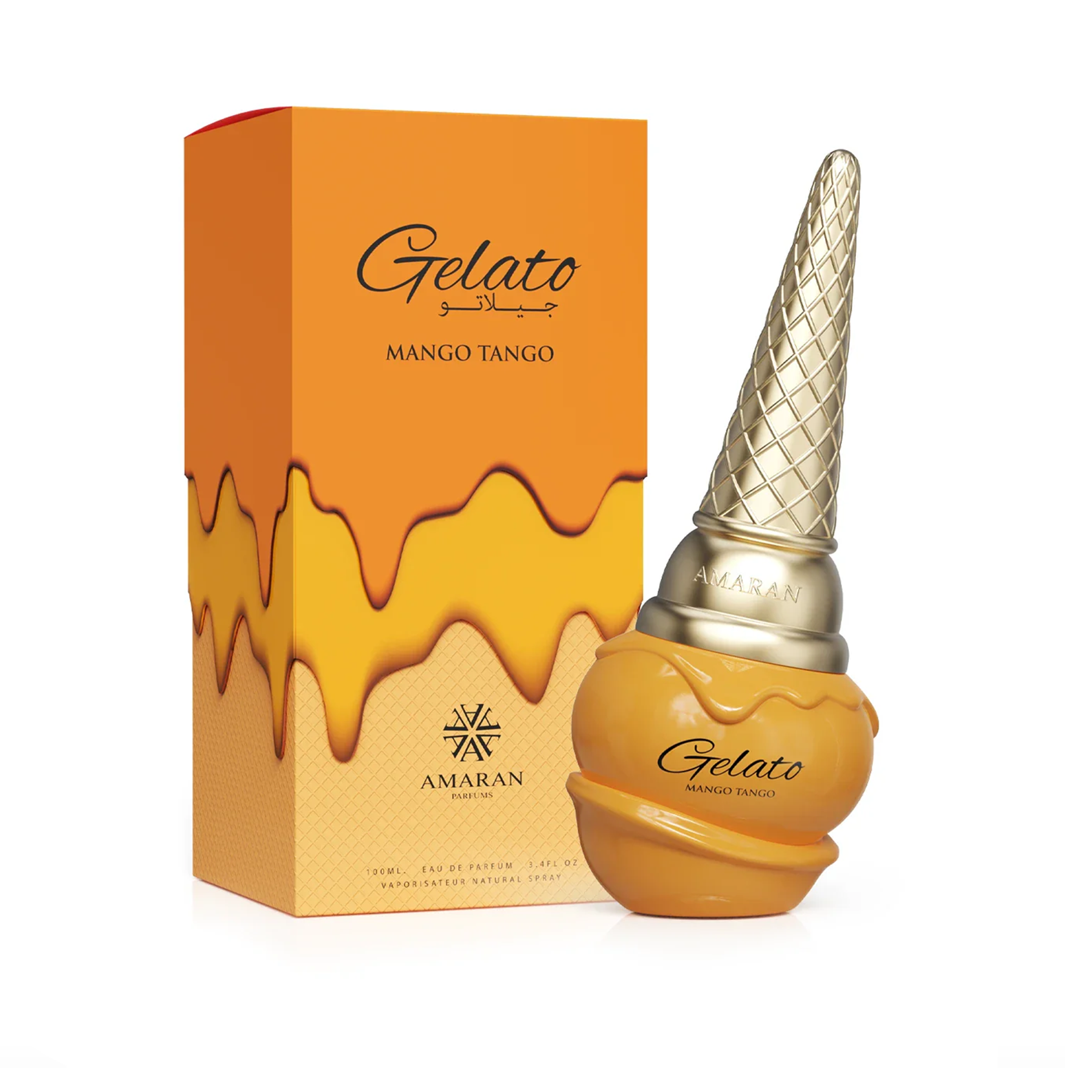 A playful product display showing the mango-orange, ice-cream-cone-shaped 100ml bottle standing beside its matching, creatively themed packaging, which features a design resembling melting ice cream.