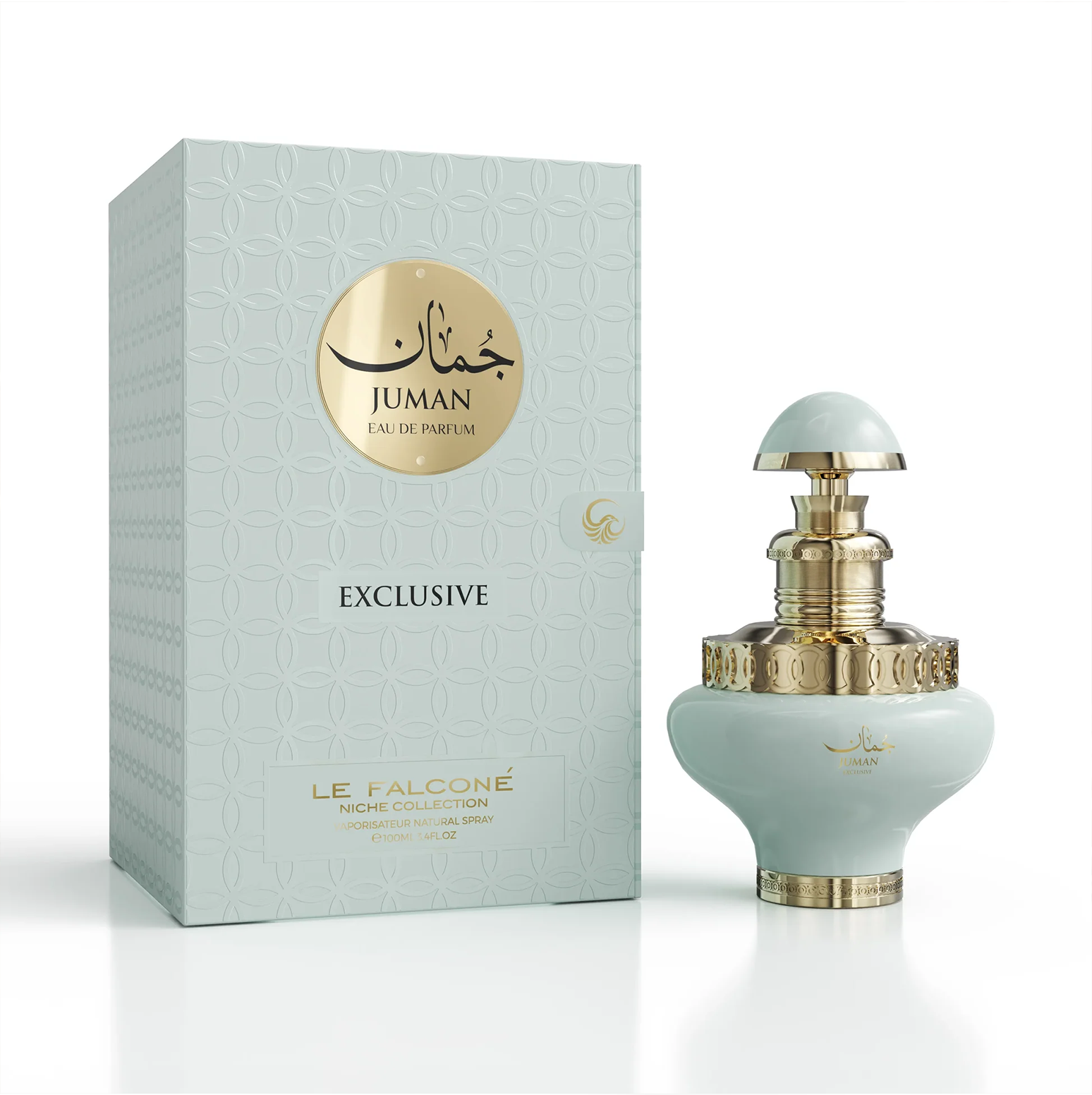 A studio product shot of the Juman Exclusive 100ml pale green bottle with gold accents, displayed next to its matching patterned gift box.