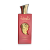 A clean studio shot of the red 100ml bottle of Malika King and Queens Amaran women perfume, highlighting its rich color contrasted by the iconic, metallic gold-toned sculpted portrait on the front.