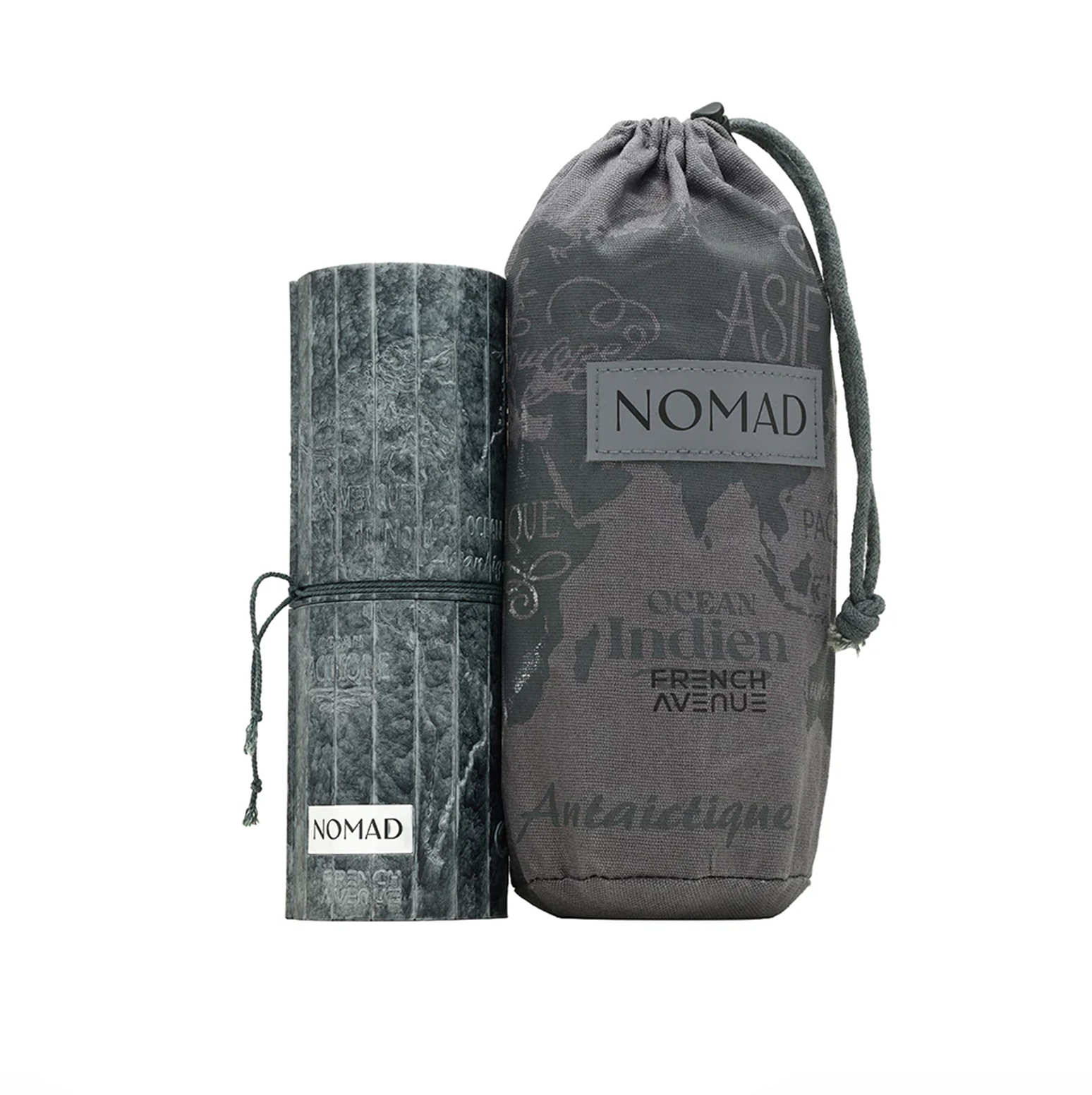 Displays the uniquely textured Nomad bottle alongside its branded, map-themed carrying pouch.