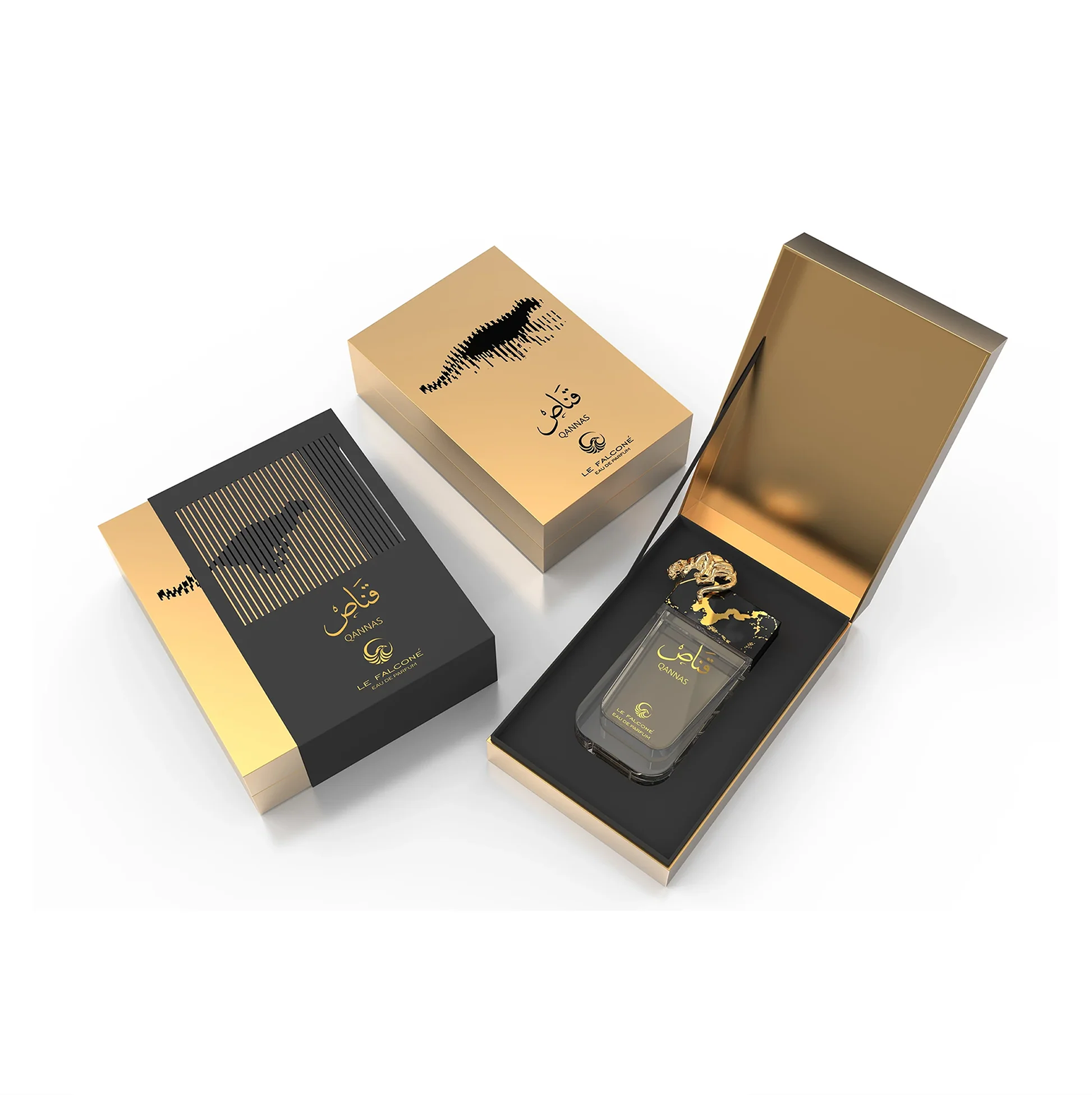 A premium presentation of Le Falconé Qannas Eau de Parfum, featuring the 90ml bottle displayed alongside its elegant black and gold gift boxes, highlighting the luxurious design and the signature golden panther emblem.