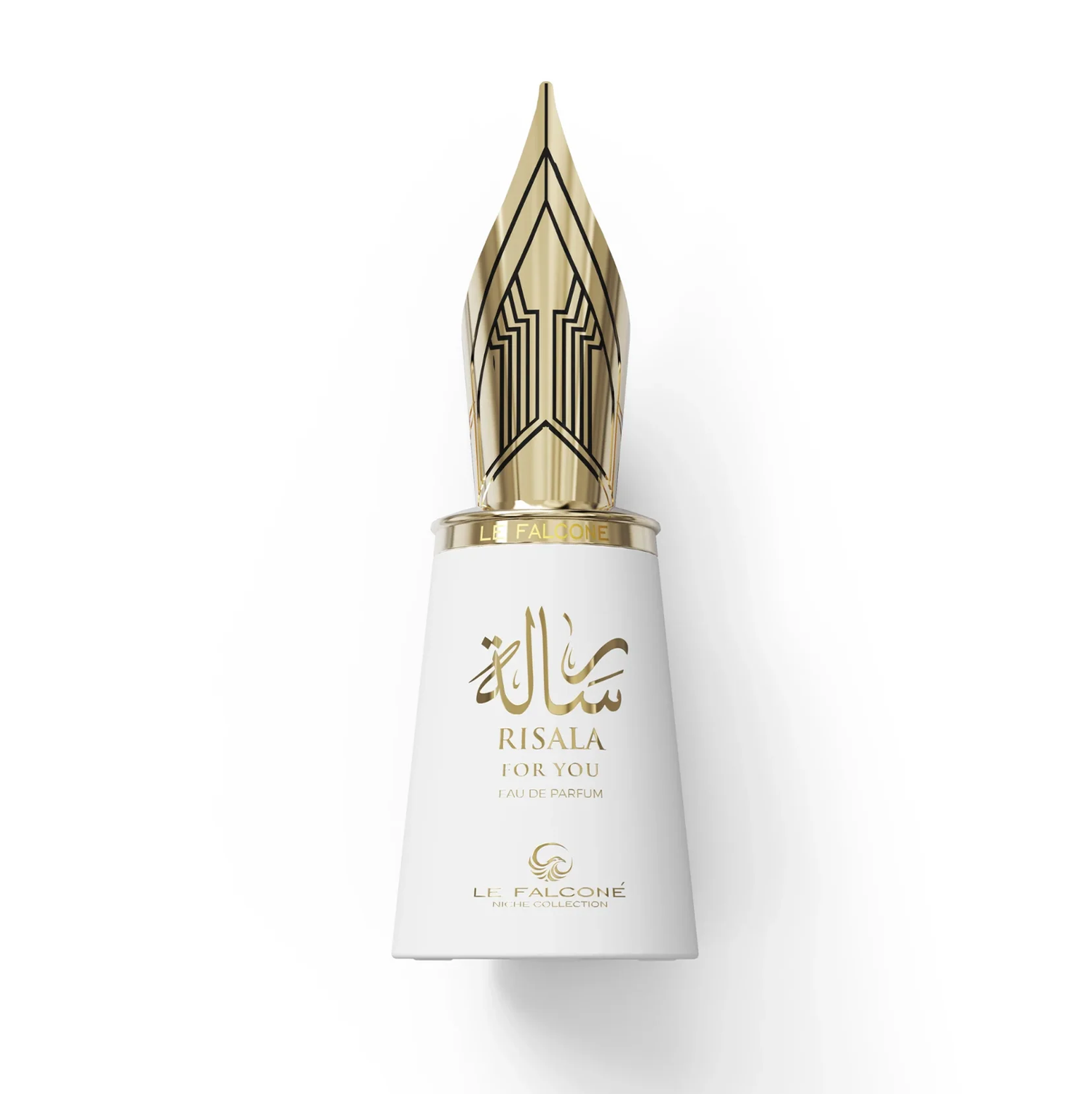 Close-up of the Le Falconé Risala For You 100ml bottle with a golden fountain-pen-nib cap. A clean studio shot of the Risala For You 100ml perfume bottle, highlighting its sleek white body and the intricate, sculptural golden fountain-pen-nib cap that defines this unique niche fragrance.
