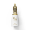 Close-up of the Le Falconé Risala For You 100ml bottle with a golden fountain-pen-nib cap. A clean studio shot of the Risala For You 100ml perfume bottle, highlighting its sleek white body and the intricate, sculptural golden fountain-pen-nib cap that defines this unique niche fragrance.