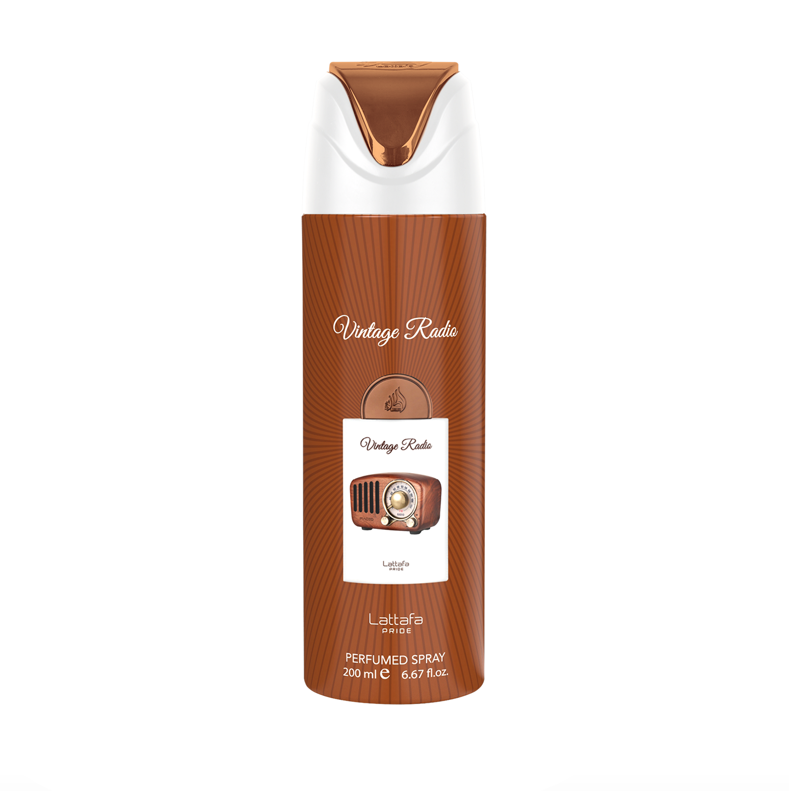 A sharp, professional product shot of the Lattafa Pride Vintage Radio body spray bottle (200ml), highlighting its sleek design and the premium branding of the Pride collection against a clean, modern background.