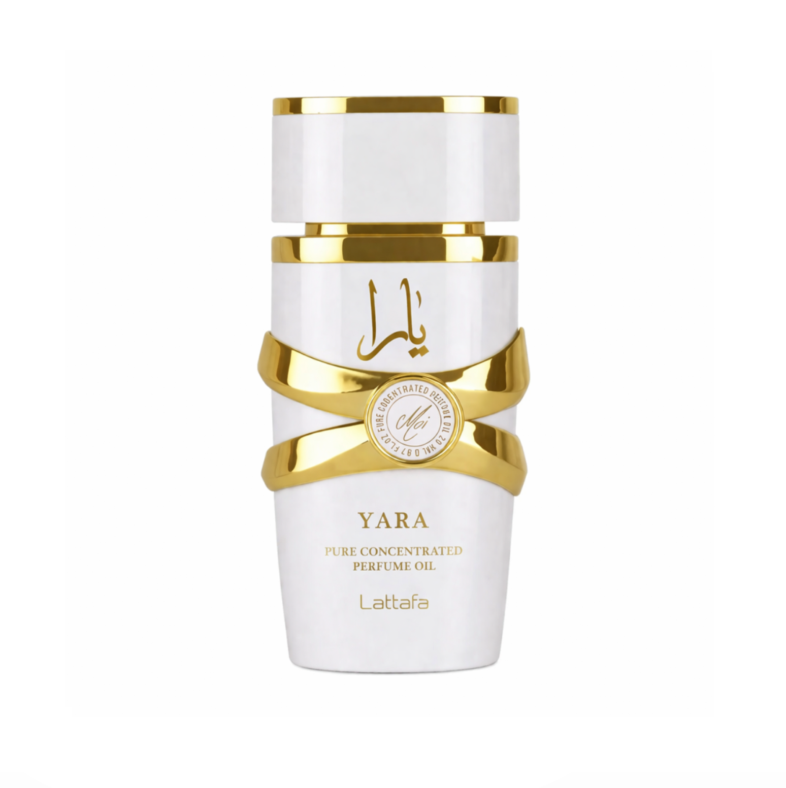 Elegant bottle of Lattafa Yara Moi perfume oil, highlighting its luxurious and gold-toned design.